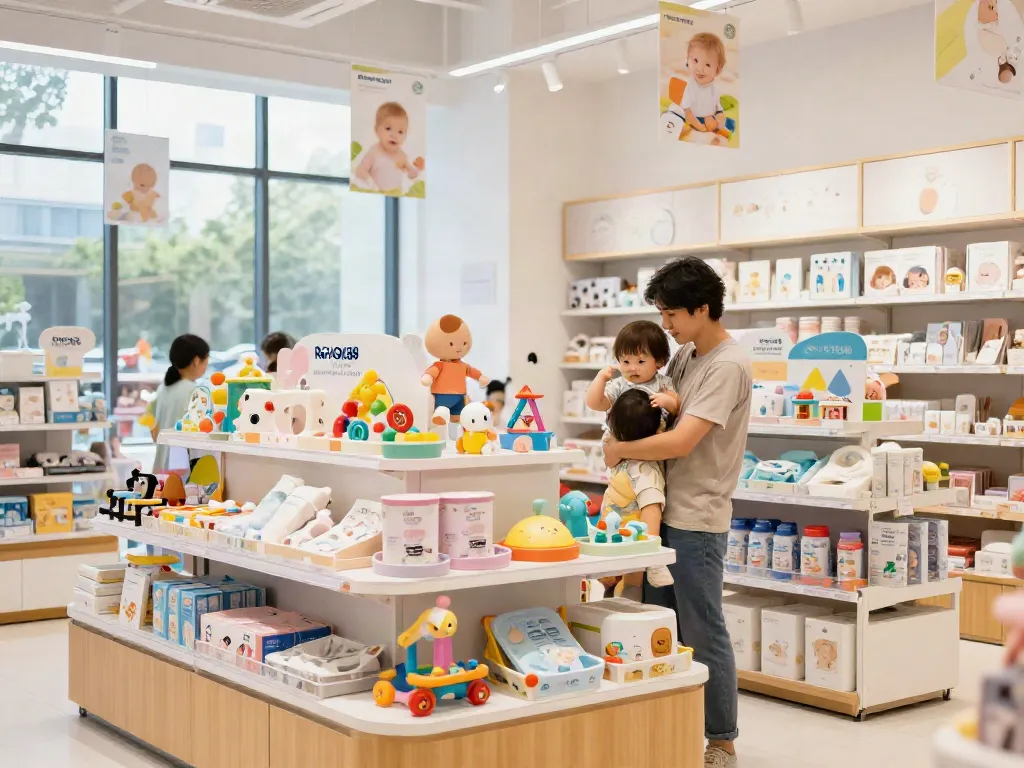 Shopping for ROKOK 88 baby products in a vibrant retail setting, showcasing toys and gear.