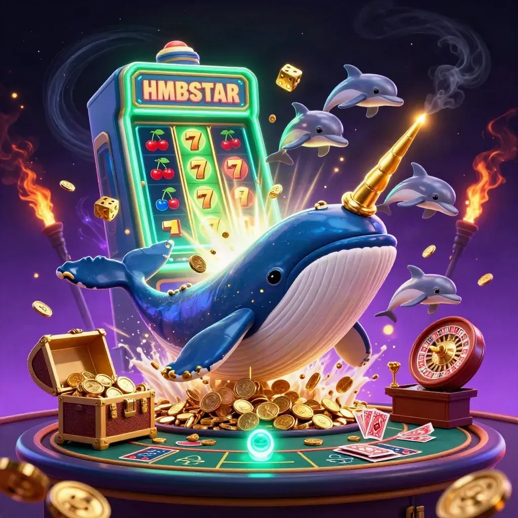 Reusachtige cartoonwalvis, narwal en dolfijnen in een neon casino-scène met munten, kist en slotmachine.