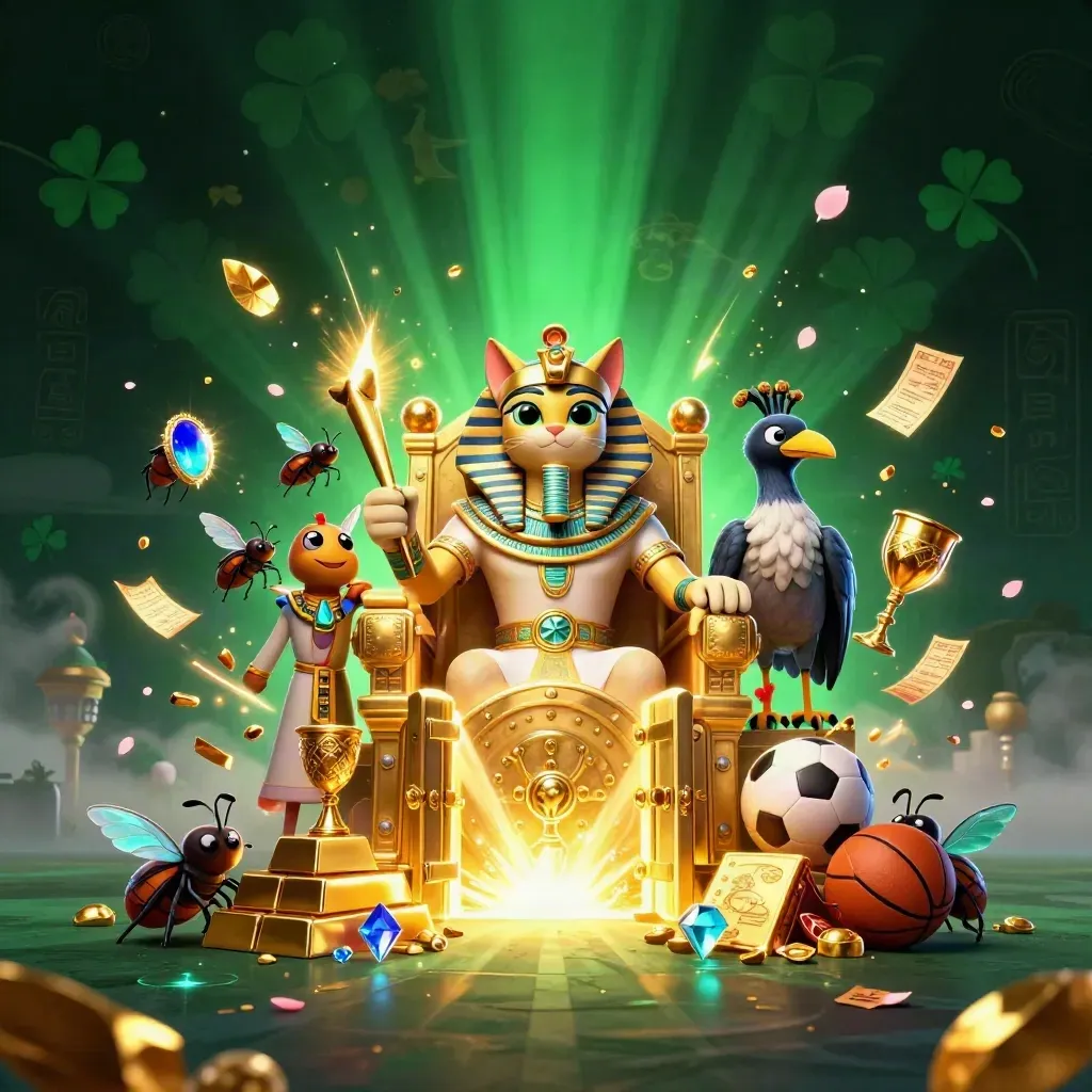 Gouden pharaokat op troon met ibis, scarabeeën, schatkamer en sportballen in neon casino.