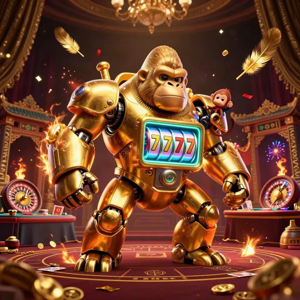 Gouden gorillamech met aappiloot, neon casino-vuurwerk en tempelpoort in luxe donker.