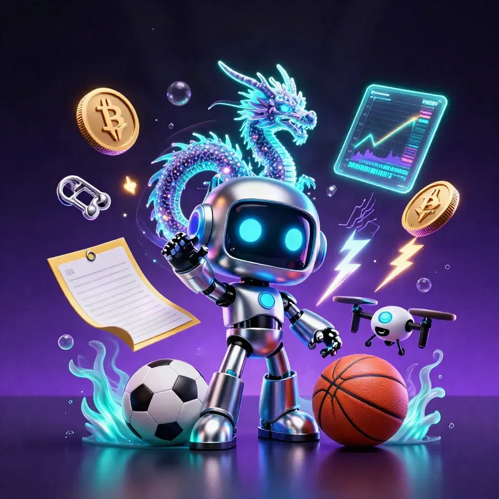 Robot, holografische draak en drone met sportballen en neon casino-effecten in donker paars licht.