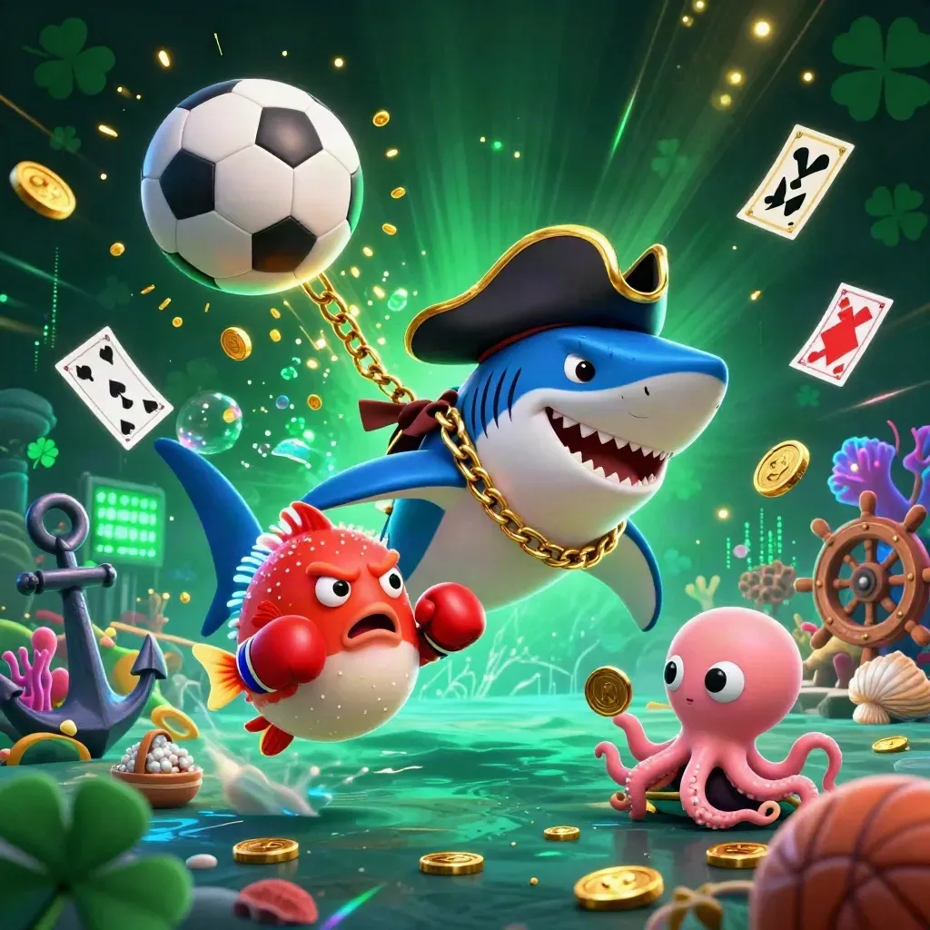 Sharkkapitein, puffervis en octopus in neon onderwaterscène met goud, ballen en casino-glans.