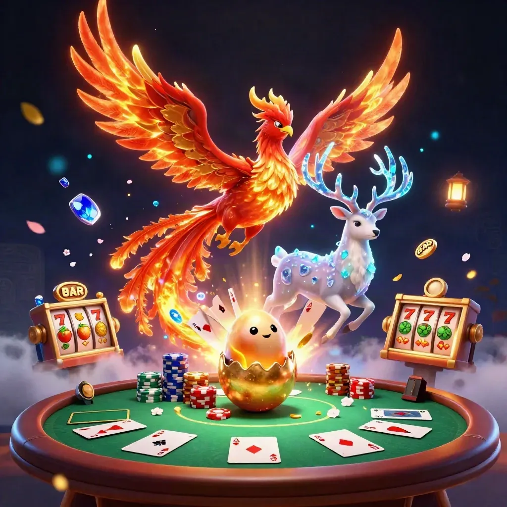 Feu phoenix, babyphoenix en kristallen hert tussen casino-elementen en neonenergie.