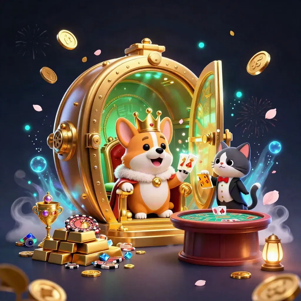 3D corgi op pokerchiptroon met kat-butler, goudregen, kluis en neon casino-effecten
