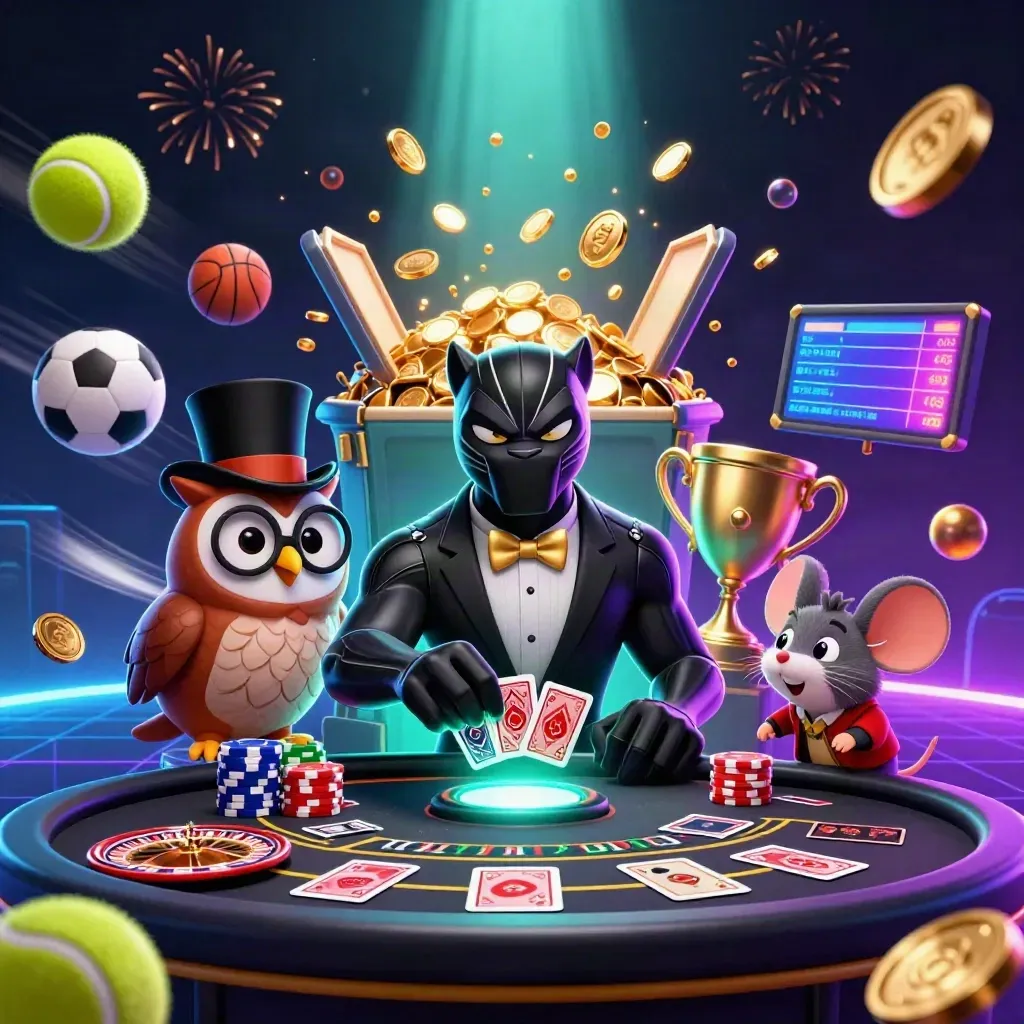 Neon casino-scène met panter, uil en muis, chips, munten, roulette en sportballen.