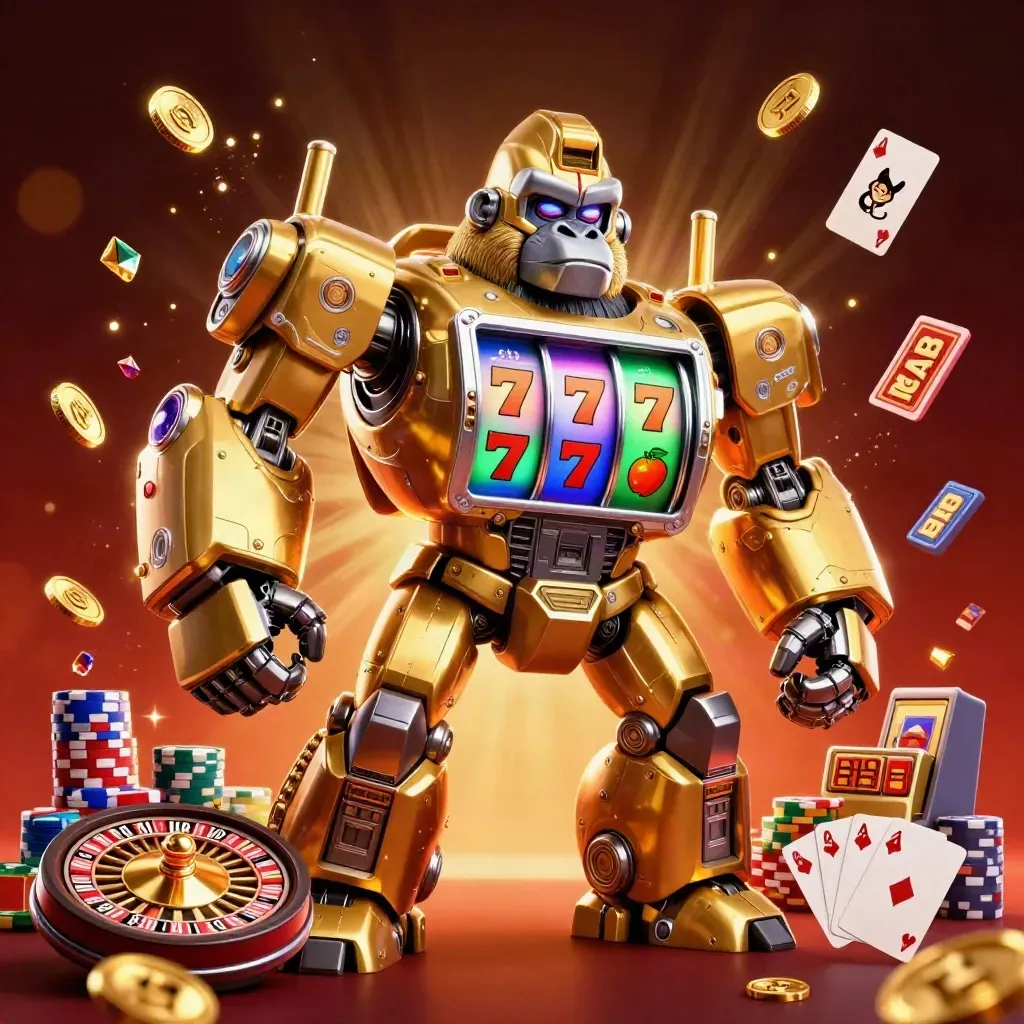 Gouden gorillamecha met speelautomaten, kleine aap en casino-elementen in vurige neonstijl