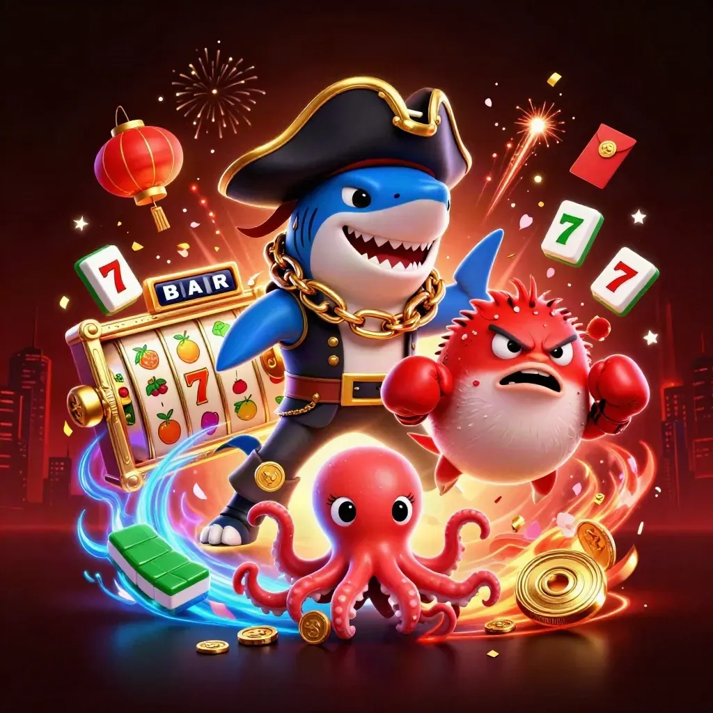 Een piratenhaai, pufferfish en octopus tussen slotsymbolen, goud en rode neon in casino-stijl.