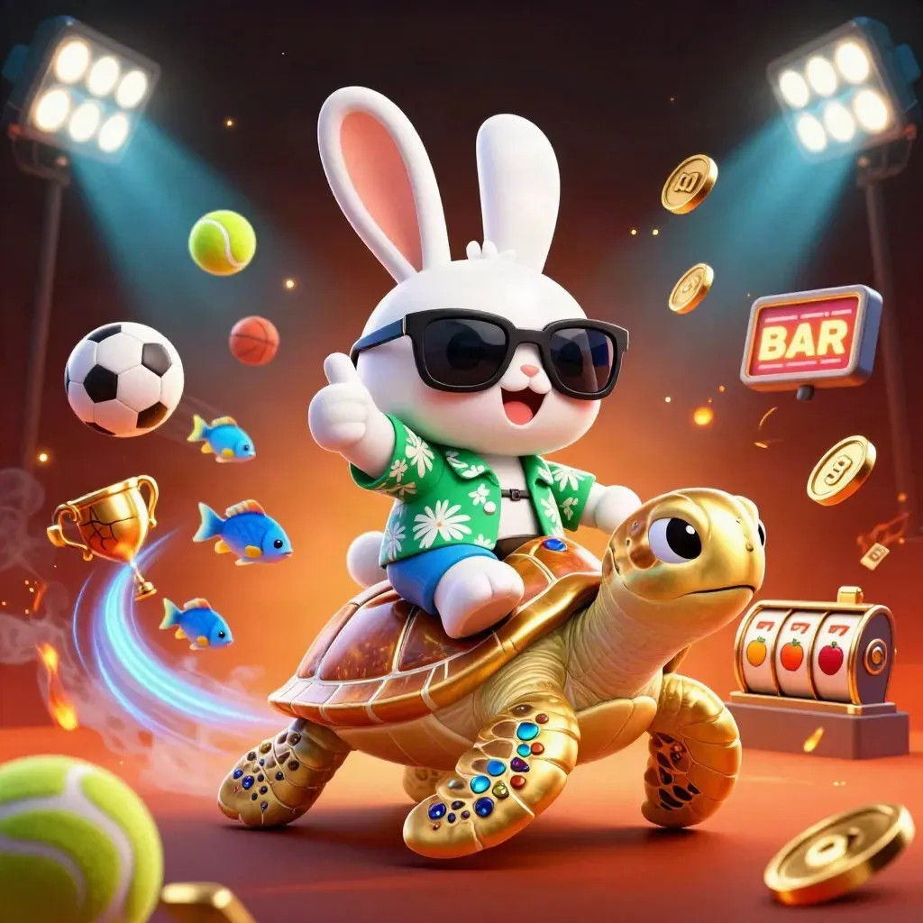 Vrolijke lucky rabbit op gouden zeeschildpad met sportballen, munten en neon casino-vuur.